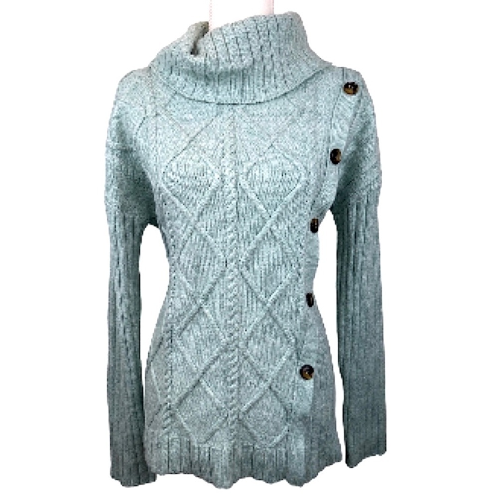Soft Surroundings Knit Side Button Light Green Cowl Neck Women’s Sweater SZ M